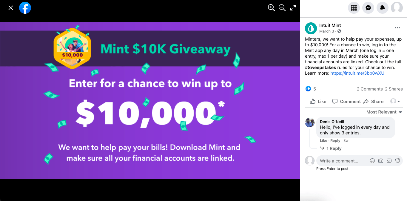 A post from Intuit Mint on Facebook comes with a purple graphic advertising “Mint $10K Giveaway” and invites people to “Enter for a chance to win up to $10,000” to help pay their bills.