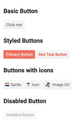 Kendo UI for Vue Button Component offers a variety of buttons, including: Basic Button, which shows a rectangular gray button with black text reading 'Click me!'; Styled Buttons which show two buttons, one pink with light gray text reading 'Primary Button' and the other the inverse reading 'Red text button'; Buttons with icons showing three gray rectangular buttons, one with a Netherlands flag (red, white, blue horizontal stripes) and the word 'Sprite', one with a funnel icon and the word 'Icon', and a third with a simplified snowboarder image and the words 'Image Url'; and a Disabled Button, which is much like the standard button but its text (Disabled Button) is grayed out.