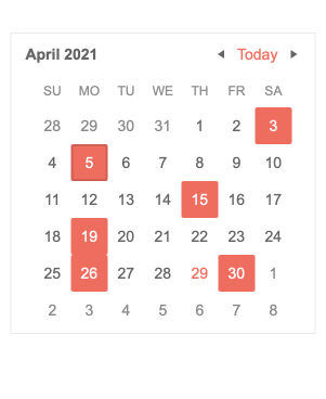 In a simple overview calendar of April 2021, some dates are highlighted with a pink box: 3, 5, 15, 19, 26, 30.