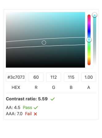 KendoReact ColorPicker Component is open with its color selection tools including HEX and RGB. The color is set to a turquoise. The contrast ratio is displayed: 5.59, and the AA guidelines of 4.5 show pass, while AAA guidelines of 7.0 Fails.