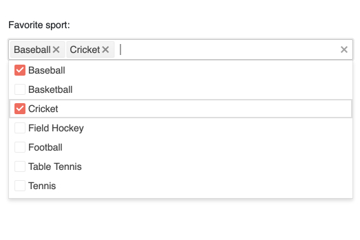 Under 'Favorite sport', a search bar has two items set: baseball and cricket. Below, those two items have a checkmark in an alphabetical list of others sports that are not checked: basketball, field hockey, football, etc.