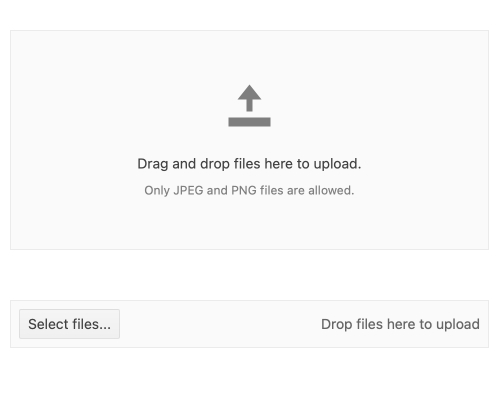 A large rectangle has an up arrow of a horizontal line. It says 'Drag and drop files here to upload. Only JPEG and PNG files are allowed.' A separate box has a Select files button and text that says 'Drop files her to upload'.