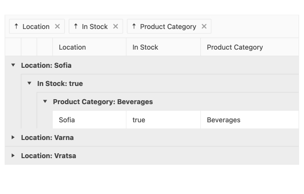 Three filters are set: Location, In Stock, Product Category. Below that, these nested items are expanded: Location: Sofia  data-sf-ec-immutable=