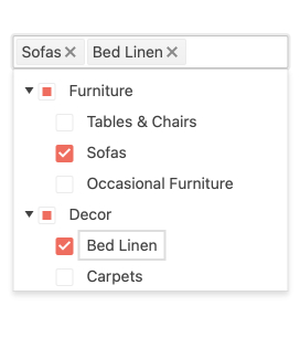 A bar at the top shows a text bar populated with two items, each with an X for removability: Sofas and Bed Linen. Below that bar is a list. Furniture is expanded to show Tables & Charis, Sofas, and Occasional Furniture. Sofas has a checkmark, while Furniture has a pink square in its checkbox, showing that one item in it is selected, but not the whole list. Similarly, Decor has a pink box and is expanded to show child items Bed Linen (with a checkmark) and Carpets.