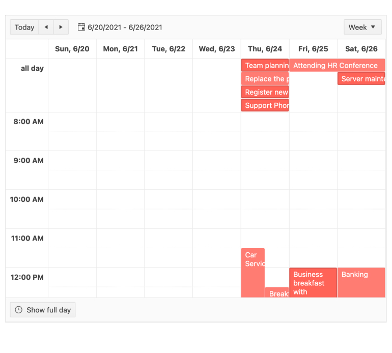 Ona weekly calendar view, a few agenda items are darker pink, indicating they've been selected.