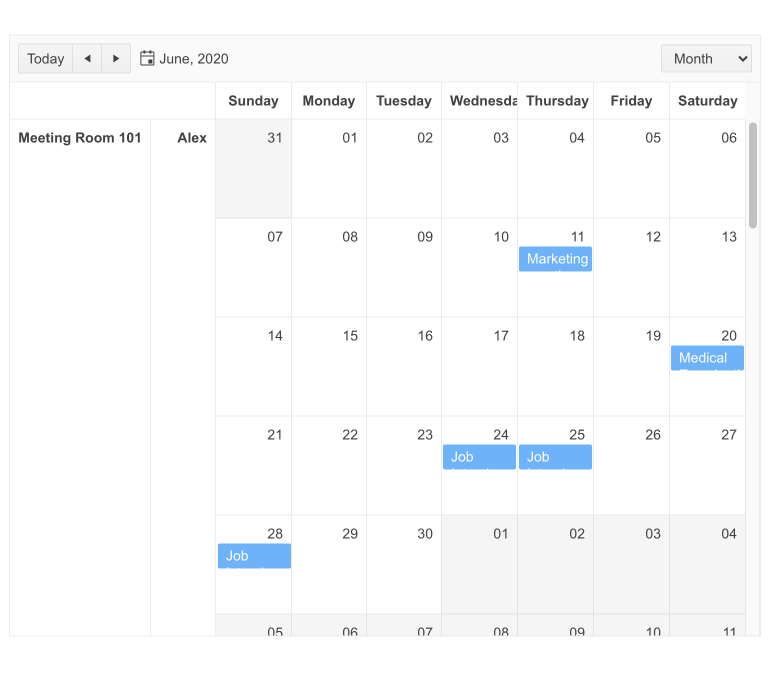 A calendar for June 2020 shows some events. At the left, two columns show Meeting Room 101, and Alex