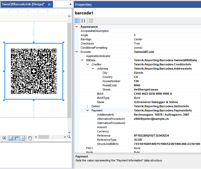 On the left is the Swiss QR code design, with the recognizable Swiss cross in the center. On the right, a properties window shows details including BillData for the Creditor and the Payment.