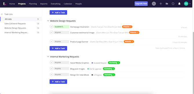 Teamwork users can schedule their projects in an organized manner, creating different folders per project and then adding phases to stay organized. In this example, we see the job broken up by Website Design Requests and Internal Marketing Requests. Each has 3 tasks.