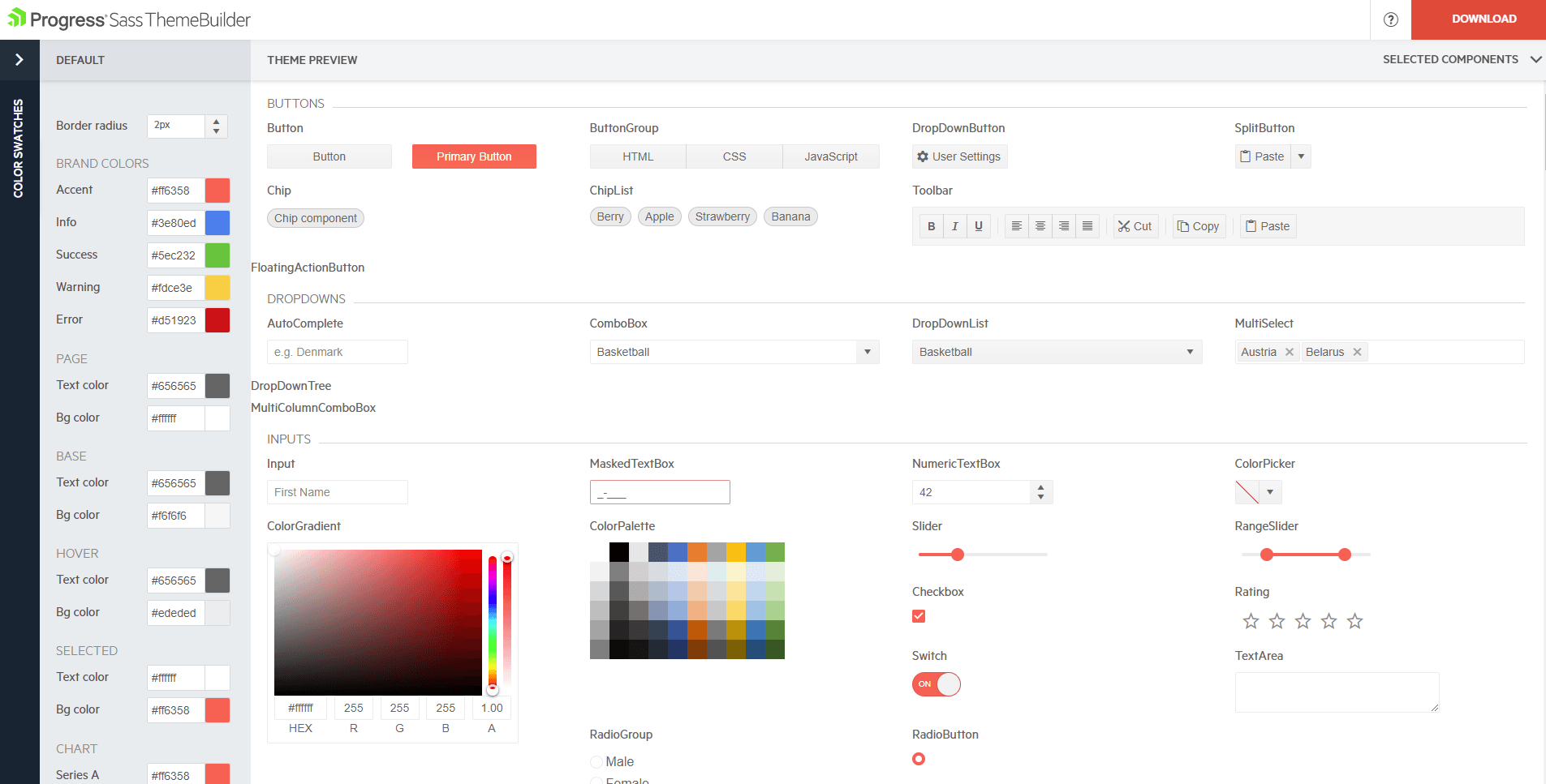 Theme Builder UI has a side bar with a list of default brand colors, page colors, base, hover, selected, chart. The theme preview lists various components and shows a preview of them, including buttons, dropdowns, inputs.