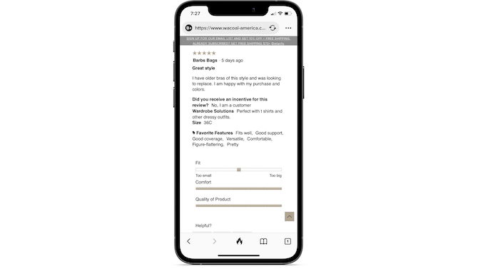 Wacoal asks customers to include certain answers when leaving a review. Did you receive an incentive for this review?, Wardrobe Solutions, Size, Favorite Features are all fields they’re asked to fill in. They are also asked to rate the product based on fit, comfort and quality of product.