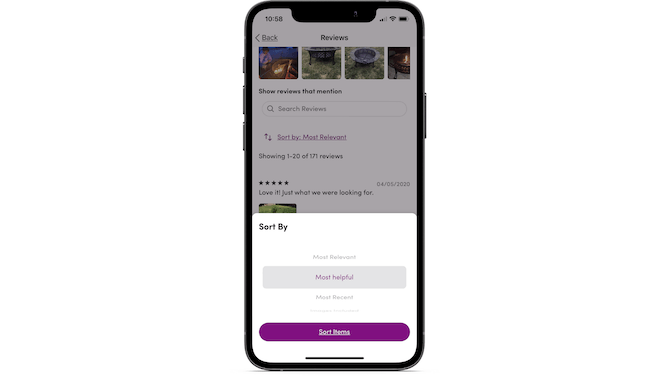The Wayfair mobile app allows customers to sort product reviews by Most relevant, Most helpful, most recent and images included. In this example, we see “Most helpful” highlighted in the scroller bar.