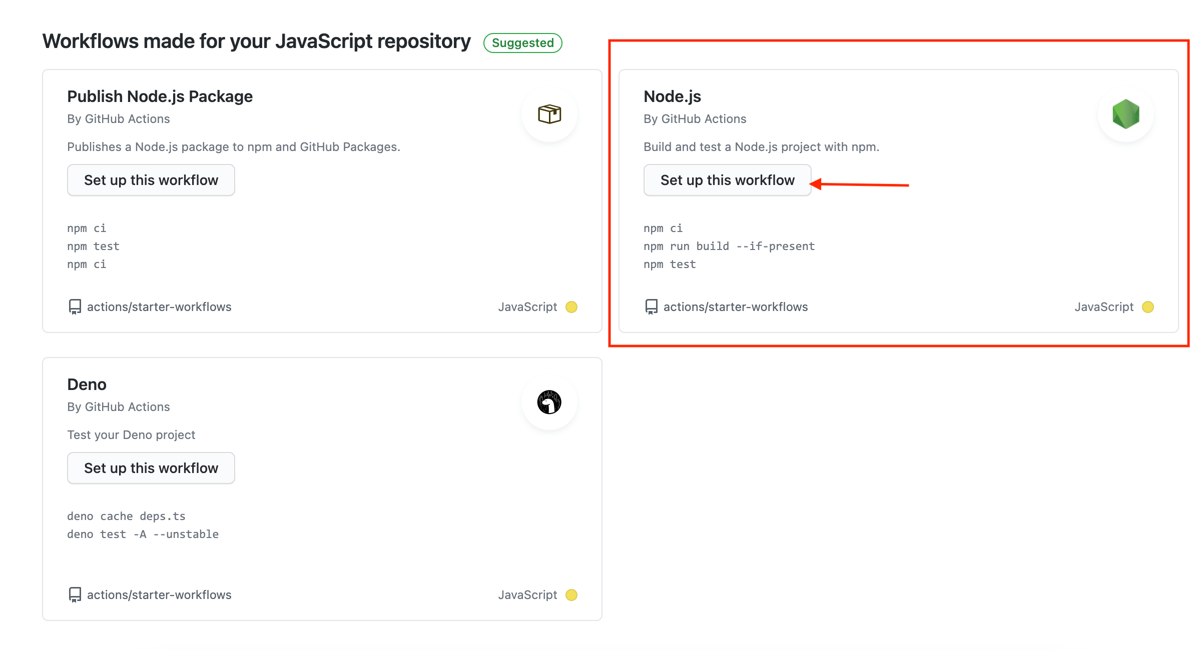 Workflows made for your JavaScript repository (suggested) has three cards: Publish Node.js Package, Node.js, Deno. Node.js has a red square around it, with a red arrow pointing at its 'Set up this workflow' button.