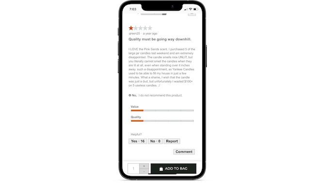 After each review on the Yankee Candle site, shoppers can indicate if the review was helpful by clicking “Yes” (16 clicked it for this review) or “No” (0 chose this option). They can also use the “Report” or “Comment” button.