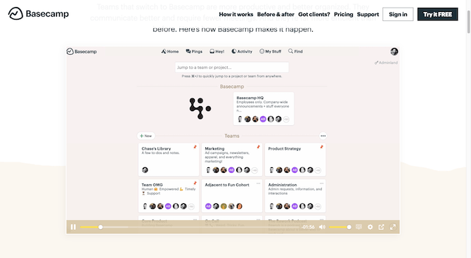 The Basecamp “How It Works” page has a 2-minute video that shows prospects a better look at the project management software’s UI, with a small navigation at the top, a search bar below it, and then cards to keep projects organized.