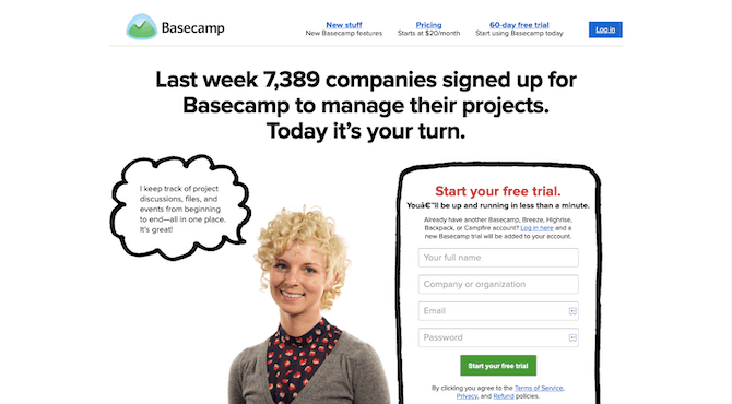 The homepage of the Basecamp website in 2013 touts “Last week 7389 companies signed up for Basecamp to manage their projects. Today it’s your turn.” A friendly-looking blond woman talks directly to visitors — in a speed bubble — about using the project management software and a form invites them to “Start your free trial.”