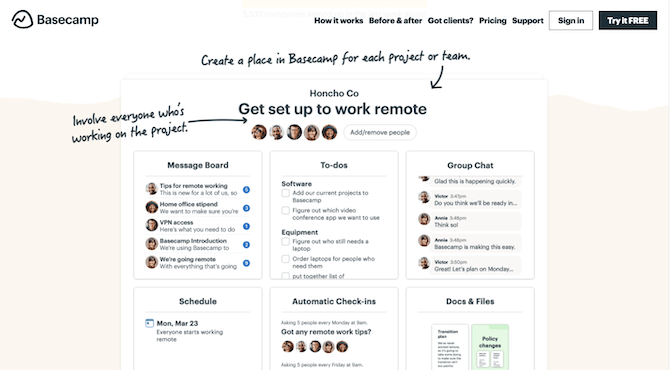 The Basecamp homepage in 2021 shows prospects what the software’s board-based layout looks like with a sample for “Honcho Co” to “Get set up to work remote”.