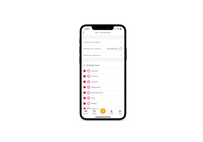 Buddy mobile app users can Edit Categories. They can create new categories as well as remove them. The example here shows various types of entertainment expenses, like bowling, cinema and concert.