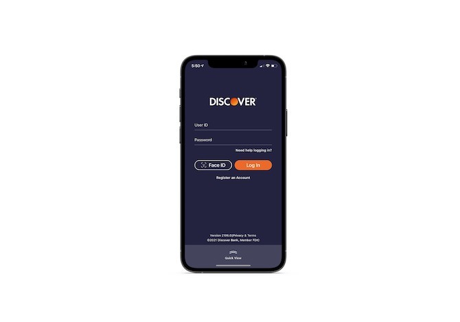 The login screen for the Discover mobile app offers users the option of logging in through Face ID in addition to the usual User ID and Password login form.