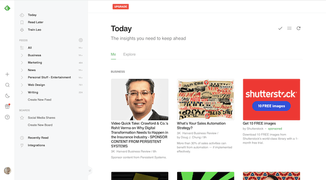 The Today tab for the Feedly app shows the latest top stories from the user’s saved publications. We see two from Harvard Business Review as well as a sponsored one from Shutterstock here.