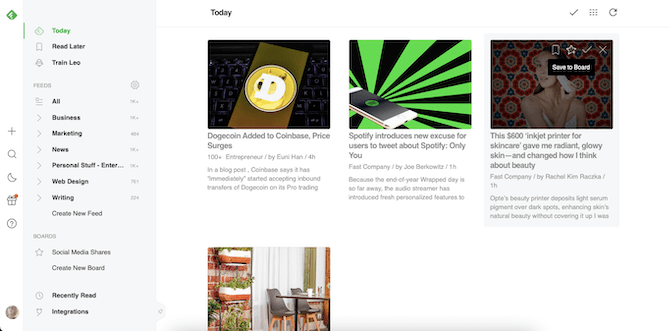 In Feedly, users can hover over content cards and use one of four quick action icons: Bookmark, Save to Board, Mark As Read, or Mark As Read and High