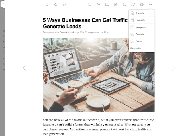 When users look at individual sources in Feedly, they see a row of icons at the top. The ones on the left enable them to bookmark and favorite articles while the ones on the right enable them to share via email or on other platforms like Evernote, Hootsuite, and Pocket.