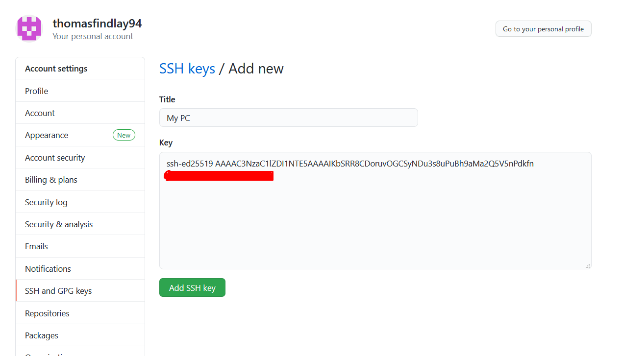 GitHub SSH keys/Add new. Title and key fields are filled out (some has been hidden with a red bar) and an 'Add SSH key' button is waiting to be pressed.