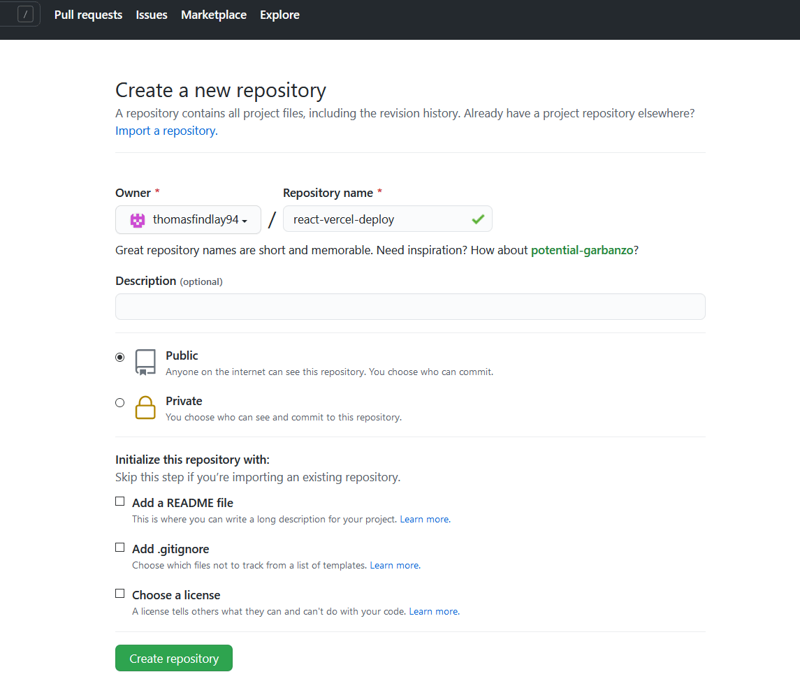Github: Create a new repository form, including owner, repo name, public/private, initialize with options.