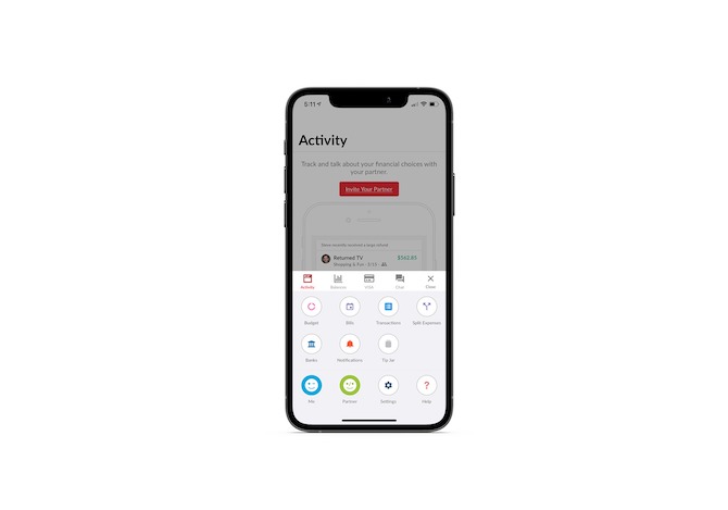 The Honeydue mobile app has a secondary navigation that includes buttons for: Budget, Bills, Transactions, Banks, Notifications, Split Expenses, Tip Jar. There are also buttons for: Me, Partner, Settings and Help.