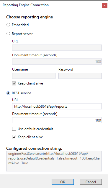 Reporting Engine Connection window. Choose reporting engine offers options for embedded, report server (with fields for URL, Document timeout, username, password, keep client alive), or REST service (with fields for URL, document timeout, use default credentials, keep client alive). And then a field for configured connection string. 