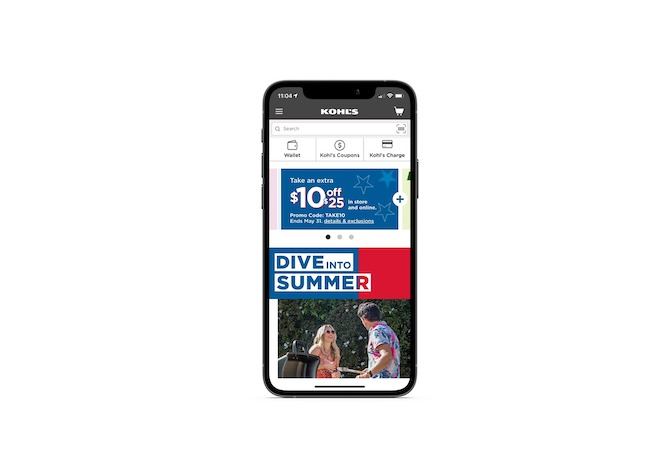 The Kohl’s mobile app includes three navigational items: a hamburger menu icon in the top-left of the gray header, a shopping cart on the right, and a search bar beneath it.
