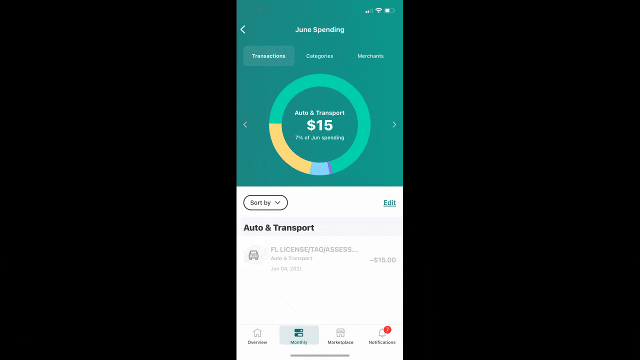 Mint mobile app users can look at their expenses across different categories like Auto & Transport, Food & Dining, and Shopping. It’s concisely displayed using an interactive pie chart.