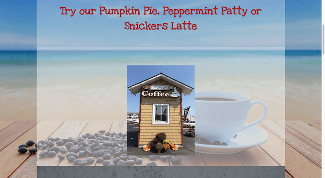 The website for Mudslingers coffee shack in Rehoboth Beach, DE invites customers to “Try our Pumpkin Pie, Peppermint Patty or Snickers Latte” against a beach backdrop.