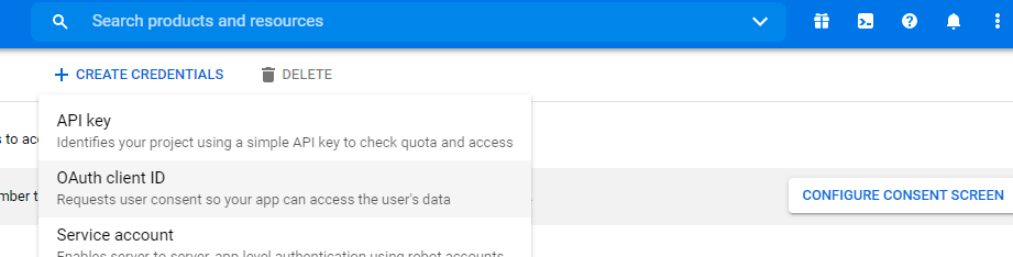 obtain OAuth credentials: Under Create Credentials, select OAuth client ID.