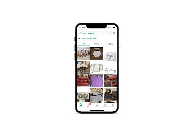 The OfferUp mobile app has five items in its bottom navigation: Home which uses OfferUp’s logo as the icon, Inbox which has a message icon, Post which has a camera icon, Selling which has a sales ticket icon, and Account which has a user icon.