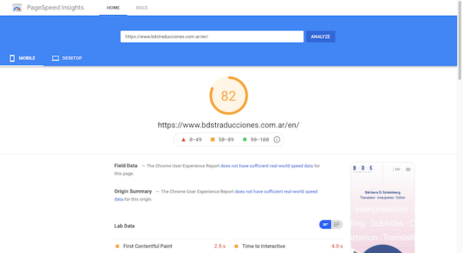 PageSpeed Insights gives the BDS Content mobile site https://www.bdstraducciones.com/ar/en/ a score of 82.