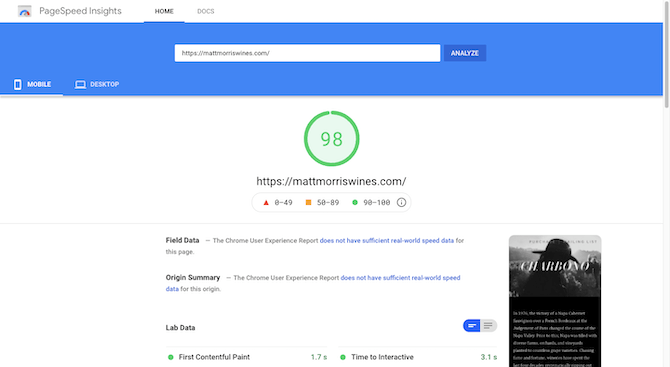 PageSpeed Insights gives the Matt Morris Wines mobile site https://mattmorriswines.com/ a score of 98.