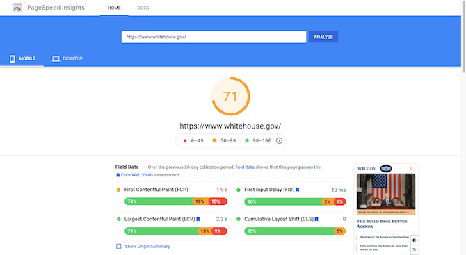 PageSpeed Insights gives the White House mobile site https://www.whitehouse.gov/ a score of 71.