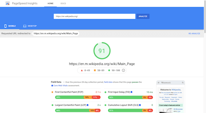 PageSpeed Insights gives the Wikipedia mobile site https://en.m.wikipedia.org/wiki/Main_Page a score of 91.