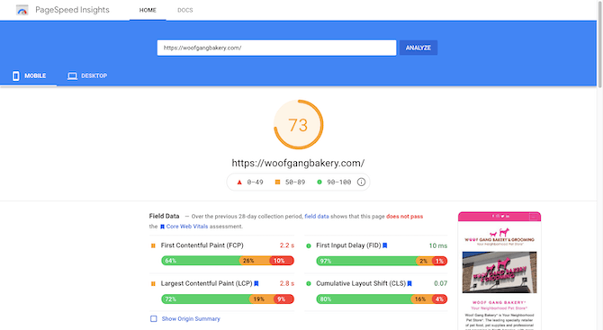 PageSpeed Insights gives the Woof Gang Bakery mobile site https://woofgangbakery.com a score of 73.