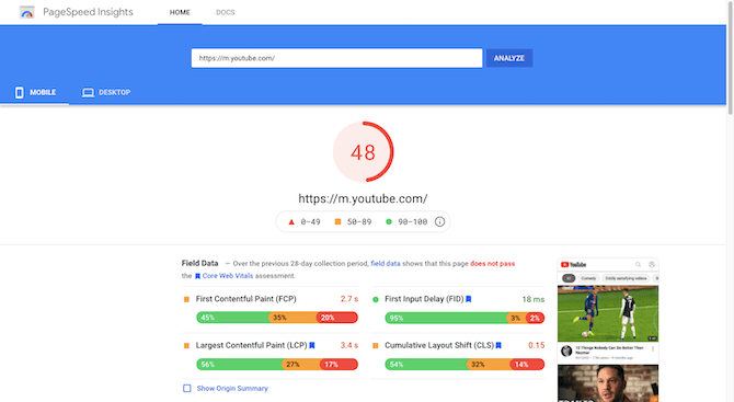 PageSpeed Insights gives the YouTube mobile site https://m.youtube.com a score of 48.