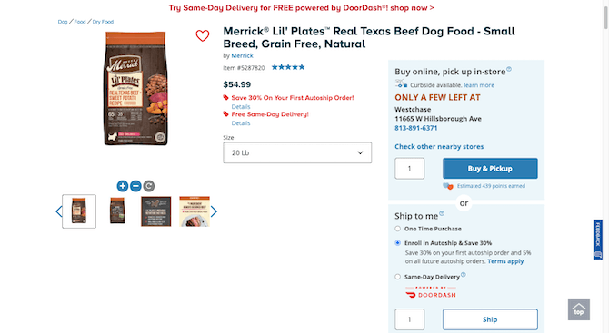 A PetSmart product page for Merrick Lil’ Platest Real Texas Beef Dog Food - Small Breed, Grain Free, Natural offers the logged in user a variety of ways to buy the product. They can Buy online, pick up in-store; use curbside pickup, ship as a one time purchase, enroll in autoship & save 30%, or do same-day delivery with DoorDash.