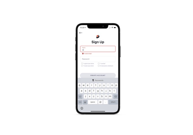 A user begins to fill in the Sign Up form in the Possible mobile app. As they enter the Email address, an error message appears until it’s correctly populated.