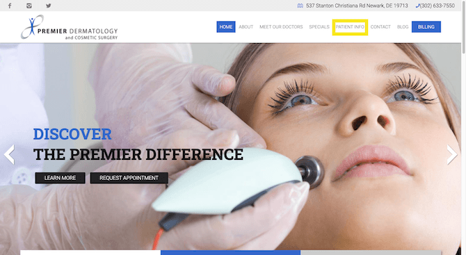 The main menu for the Premier Dermatology and Cosmetic Surgery website includes links to: Home, About, Meet Our Doctors, Specials, Patient Info, Contact, Blog and Billing. “Patient Info” is highlighted in yellow in this screenshot.