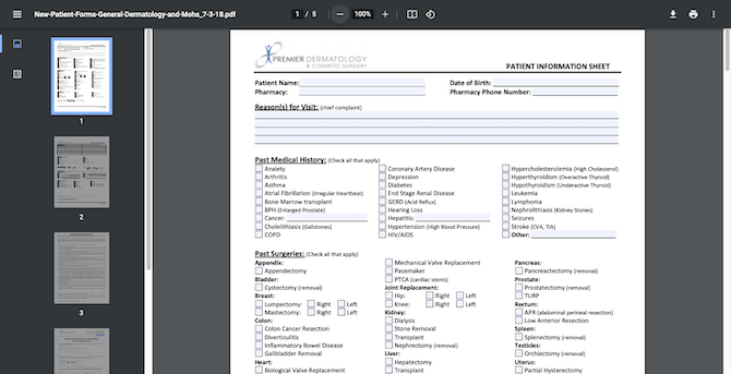 A Patient Information Sheet found on the Premier Dermatology & Cosmetic Surgery website. New dermatology patients fill out information related to their name, date of birth, contact info, reason for visit and medical history.