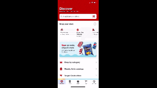A walk-through of the Target mobile app. The user selects a category in the main “Discover” tab, walks through subcategories, and eventually sorts and filters their search.