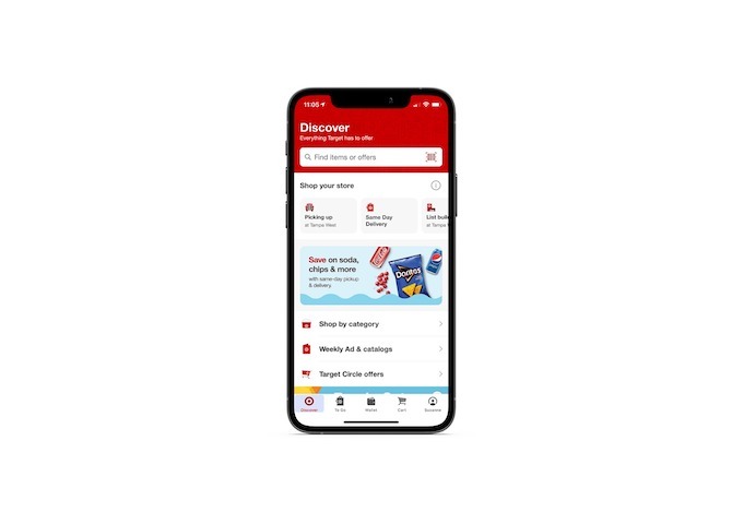 The Target mobile app has a sticky bottom navigation with links to: Discover, To Go, Wallet, Cart, and Account.