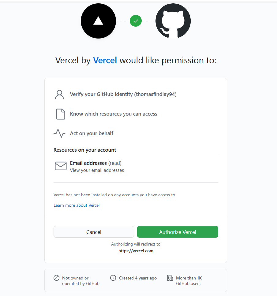 Vercel authorize permissions: Vercel would like permission to Verify your GitHub identity, Know which resources you can access, Act on your behalf; Resources on your account: Email addresses. Buttons to Cancel or Authorize Vercel.