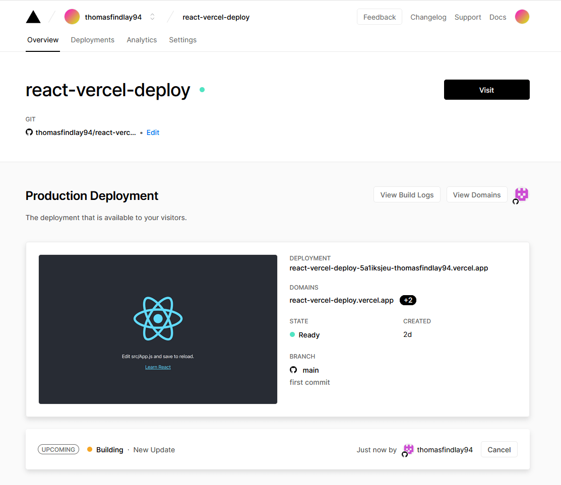 react-vercel-deploy has a Visit button. Production Deployment with options to view build logs or view domains.