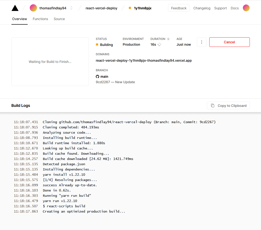Preview deployment - a list of build logs
