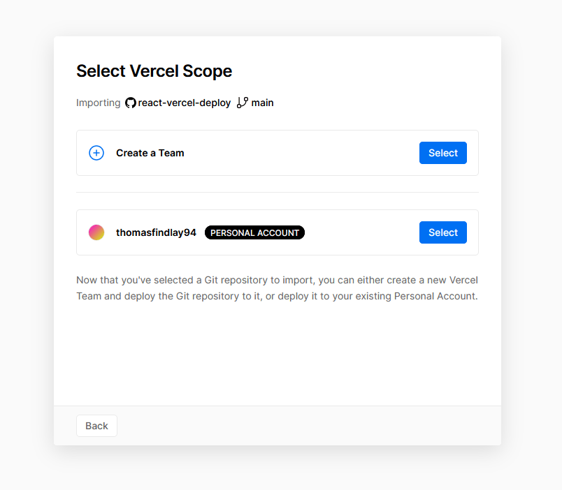 Select Vercel scope: Create a team or personal account.